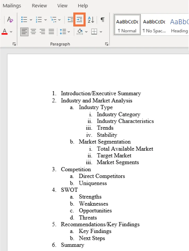 An outline is visible with numbers and letters for the tiers, indented to the right for subheadings.