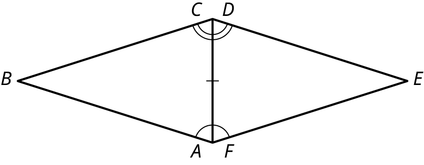 Two triangles, A B C and D E F. The sides, C A and D F rest on the same line. The sides, C A and D F are equal. The angles, A and F are congruent. The angles, C and D are congruent.