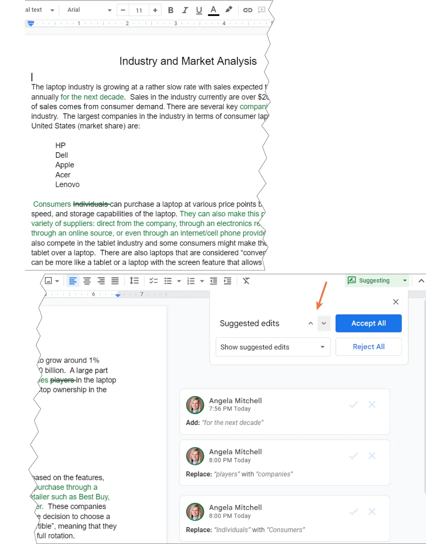 Editing is visible in a Google Doc. Suggested edits is selected (with Show suggested edits); forward and backward arrows are highlighted. At the right, Accept All and Reject All buttons are visible.