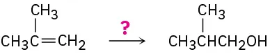 A reaction shows 2-methylpropene reacting with unknown reagent(s)  to form a 3-carbon chain, in which C1 and C2 are bonded to hydroxyl and methyl, respectively.