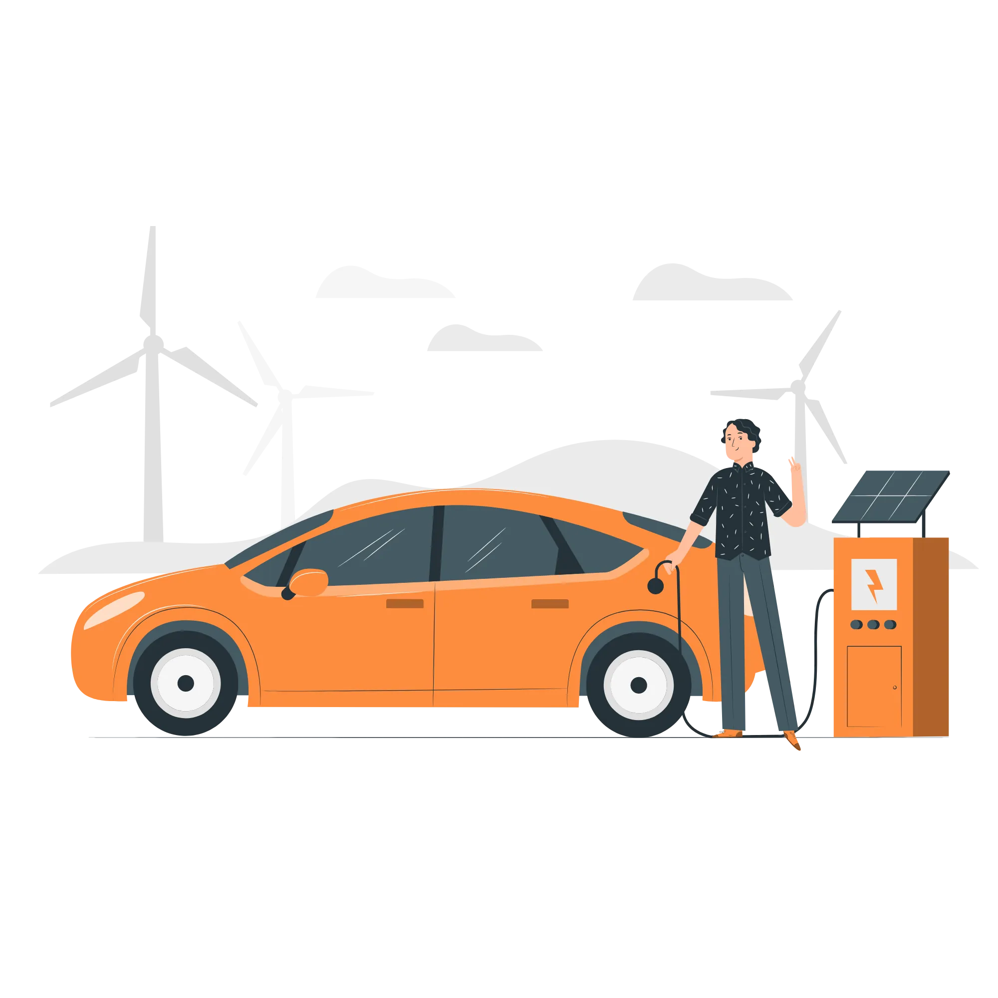 A person charges an orange electric car at a charging station with a solar panel, wind turbines, and hills in the background, representing clean energy and sustainability.