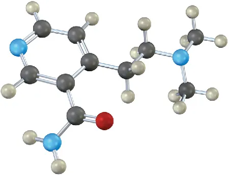 A ball-and-stick model of a large molecule with different functional groups. Black, grey, red, and blue spheres represent carbon, hydrogen, oxygen, and nitrogen.