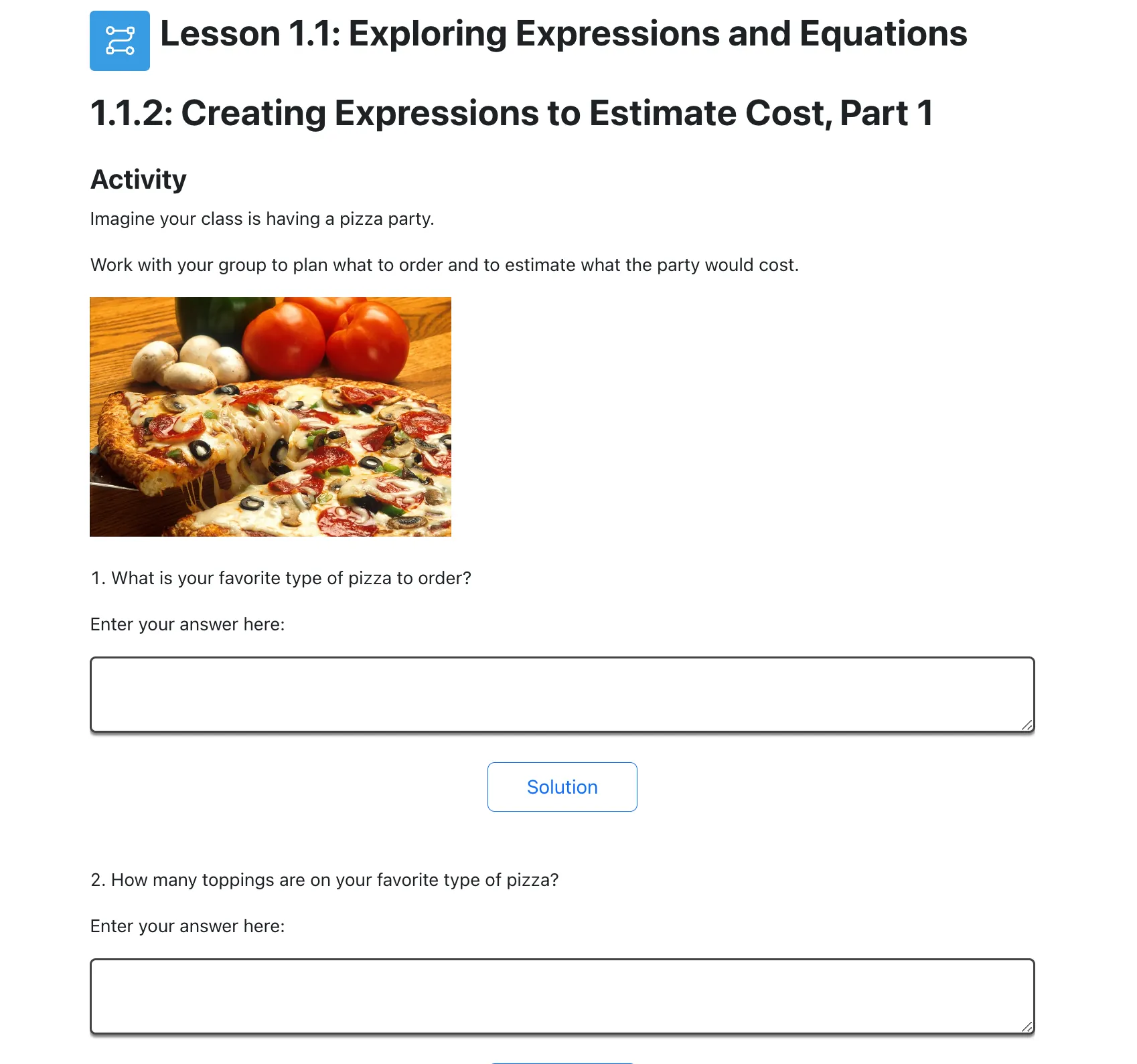 A screenshot from the curriculum showing a lesson where students are asked to plan a pizza party. The initial questions ask students to describe their favorite types of pizza.
