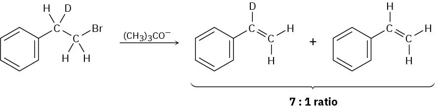 A reaction in which 1-bromo-2-deuterio-2-phenylethane reacts with (C H 3)3 C O minus to form deuterated and non deuterated phenylethylene structures.