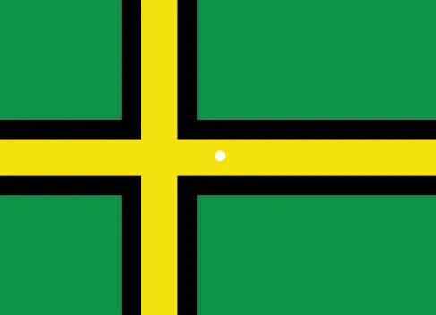 An illustration shows a green flag with a thick, black-bordered yellow lines meeting slightly to the left of the center. A small white dot sits within the yellow space in the exact center of the flag.