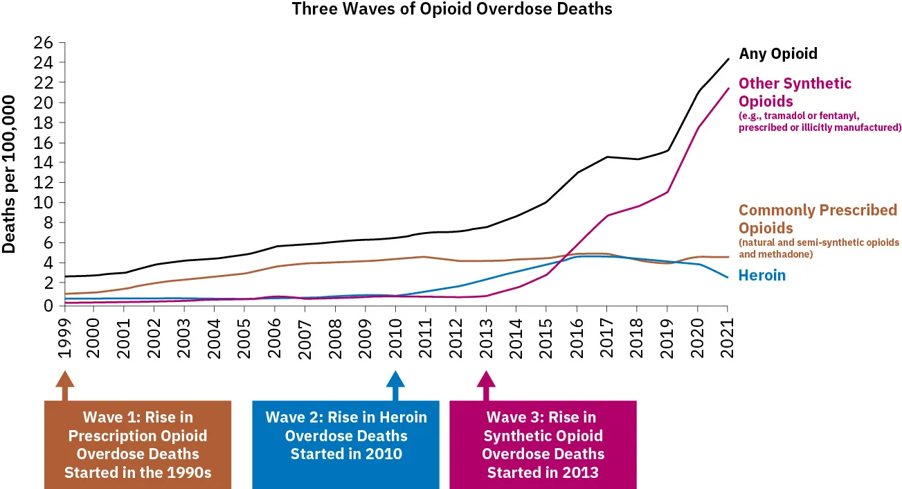 Line graph titled: Three Waves of Opioid Overdose Deaths. x-axis labeled: 1999 through 2021 in one year increments. y-axis labeled Deaths per 100,000 in increments of 2 from 0-26. Wave 1: Rise in Prescription Opioid Overdose Deaths started in the 1990s. Wave 2: Rise in Heroin Overdose Deaths Started in 2010. Wave 3: Rise in Synthetic Opioid Overdoes Deaths Started in 2013. Black line labeled Any Opioid. Purple line labeled Other Synthetic Opioids (e.g. Tramadol or Fentanyl, prescribed or illicitly manufactured). Green line labeled Commonly Prescribed Opioids (Natural and Semi-Synthetic Opioids and Methadone). Blue line labeled Heroin. All lines begin at 0-2 in 1999 and rise slowly until about 2013 where increased spikes are seen in Any Opioid and Other Synthetic Opioids.