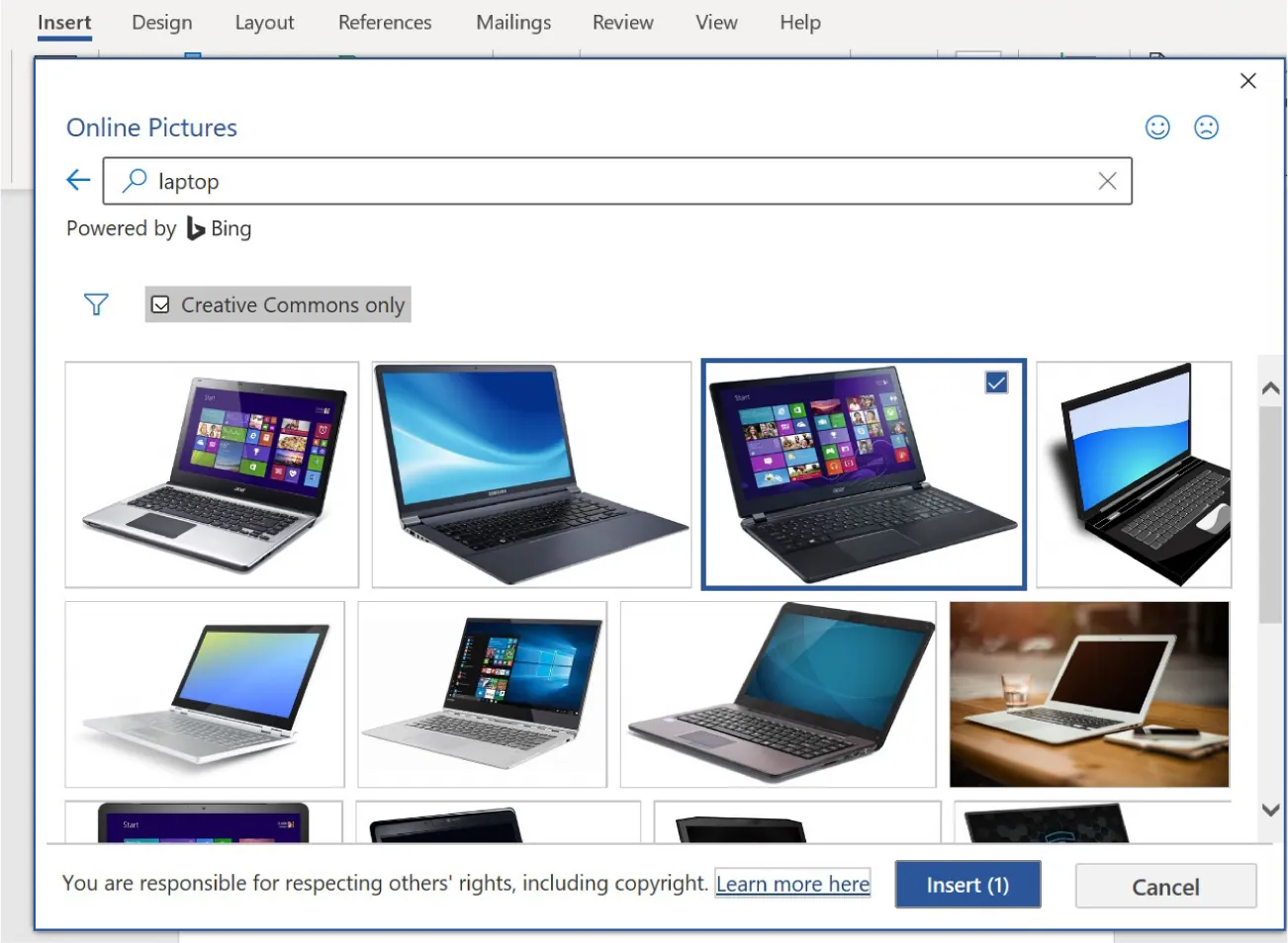 Online Pictures window displays laptop typed in search bar. A filter is applied to the search (Creative Commons only). Images of laptops are visible beneath.
