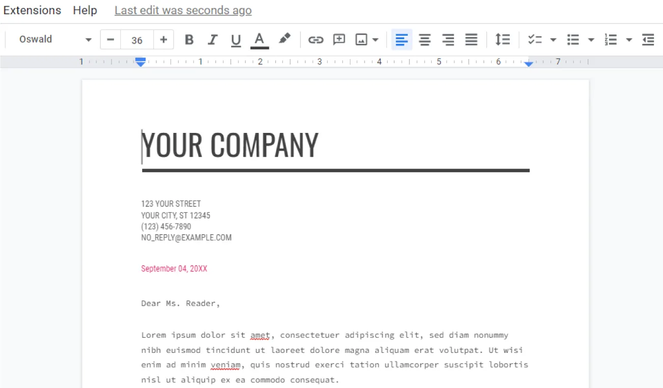 A Google template for a letter displays sample ideas for Company name, font, colors, and styles.