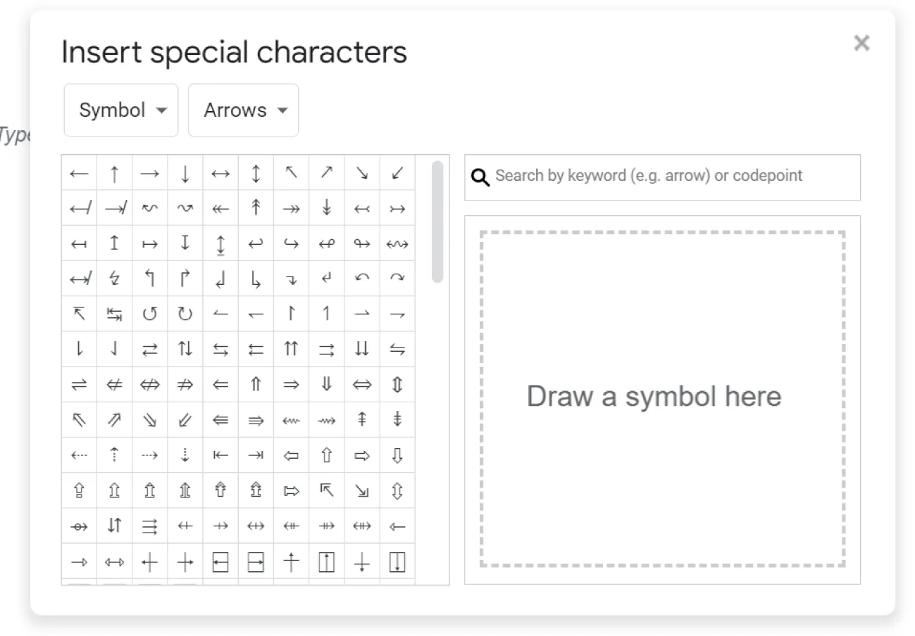 Insert special characters window displays buttons for Symbols and Arrows displaying various arrows. A blank search bar is available and a window with Draw a symbol here visible inside.