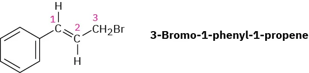 The structure of 3-Bromo-1-phenyl-1-propene with carbon atoms in the chain labeled.