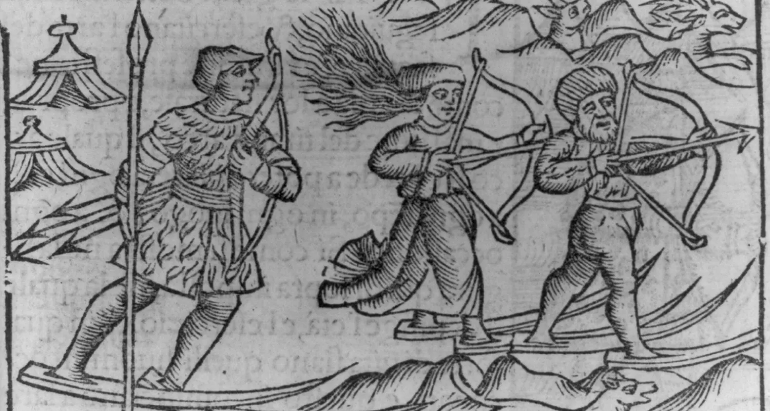 A black and white sketch of two men and a woman hunting with bows and arrows. They are all on skis and there is a dog with them. Two tents are in the background. The woman has her long hair flying back behind her. The two men and the woman are wearing hats.