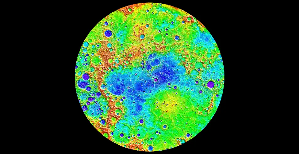 False Color Image of Mercury’s Topography. Data from the MESSENGER spacecraft was used to compile this detailed image of Mercury’s northern hemisphere. The lowest regions are shown in purple and blue, and the highest regions are shown in red. The difference in elevation between the lowest and highest regions shown here is roughly 10 kilometers.
