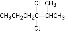 A six-carbon chain with a methyl group on C 2 and two chlorines on C 3.