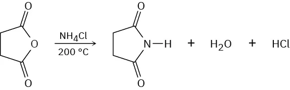 The reaction shows the conversion of dihydrofuran-2, 5-dione to an amide by heating at two-hundred degrees Celcius in the presence of ammonium chloride.
