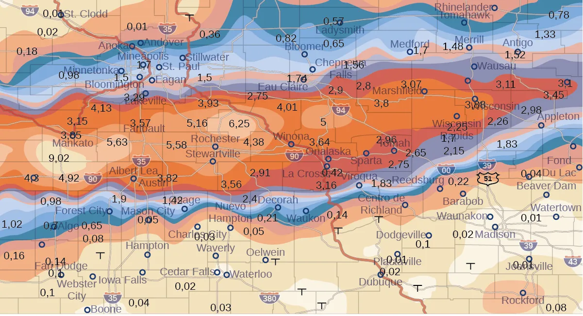 Un mapa de Wisconsin y Minnesota en el que aparecen muchas ciudades con números. Los números más altos se encuentran en una banda estrecha, y el mapa se colorea en consecuencia. El mapa se parece a unas líneas de contorno, pero en vez de elevaciones, utiliza estos números.