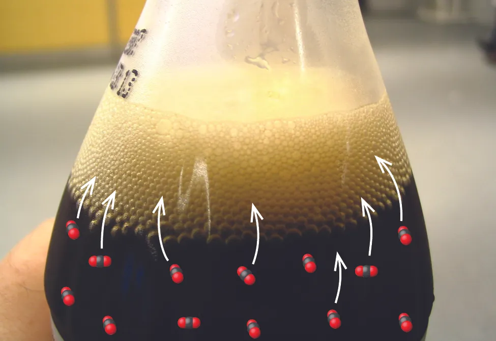 A dark brown liquid is shown in a clear, colorless container. A thick layer of beige bubbles appear at the surface of the liquid. In the liquid, thirteen small clusters of single black spheres with two red spheres attached to the left and right are shown. Red spheres represent oxygen atoms and black represent carbon atoms. Seven white arrows point upward in the container from these clusters to the bubble layer at the top of the liquid.