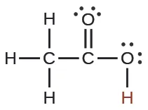 Lewis structure of acetic acid, an organic compound found in vinegar. It illustrates the arrangement of atoms, bonds, and lone pairs in the molecule.