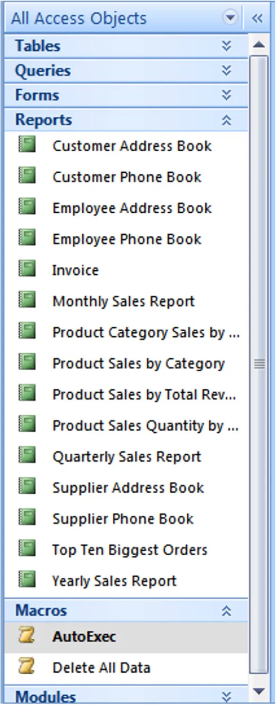All Access Objects pane options: Tables, Queries, Forms, Reports (Customer Address/Phone Book, Employee Address/Phone Book, Invoice, Monthly Sales Report, Product Category Sales, etc.), Macros (AutoExec (selected), Delete All Data), Modules.