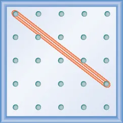 The figure shows a grid of evenly spaced pegs. There are 5 columns and 5 rows of pegs. A rubber band is stretched between the peg in column 1, row 1 and the peg in column 5, row 4, forming a line.
