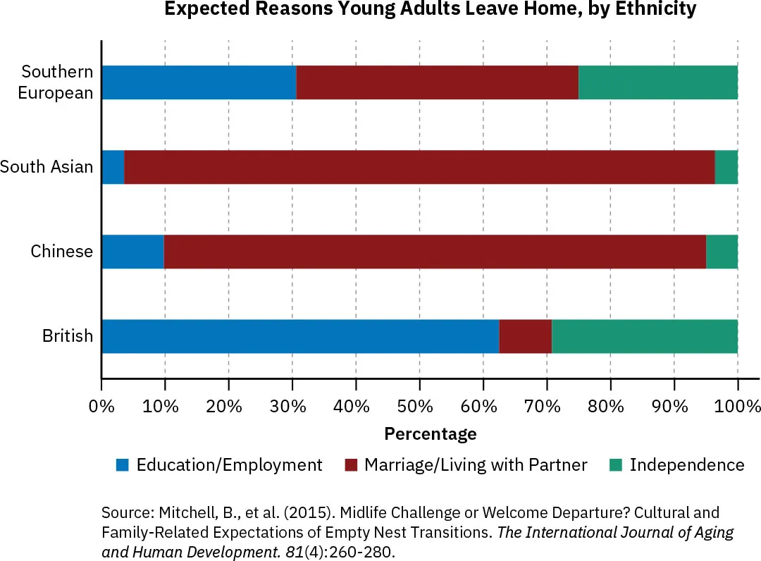 Bar graph labeled: Expected Reasons Young Adults Leave Home, by Ethnicity for British, Chinese, South Asian and Southern European young adults. Reasons: Education/Employment, Marriage/Living with Partner, Independence.