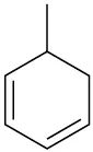 A six-membered ring with two double bonds separated by one single bond. There is one methyl group one carbon away from the end of one double bond.