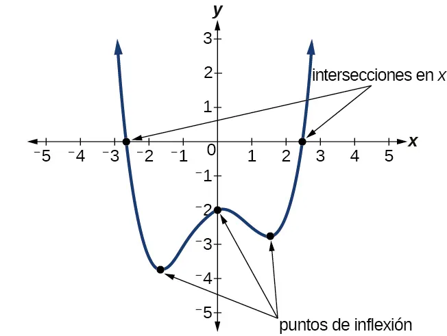 Gráfico de un polinomio de grado par que denota los puntos de inflexión y las intersecciones.
