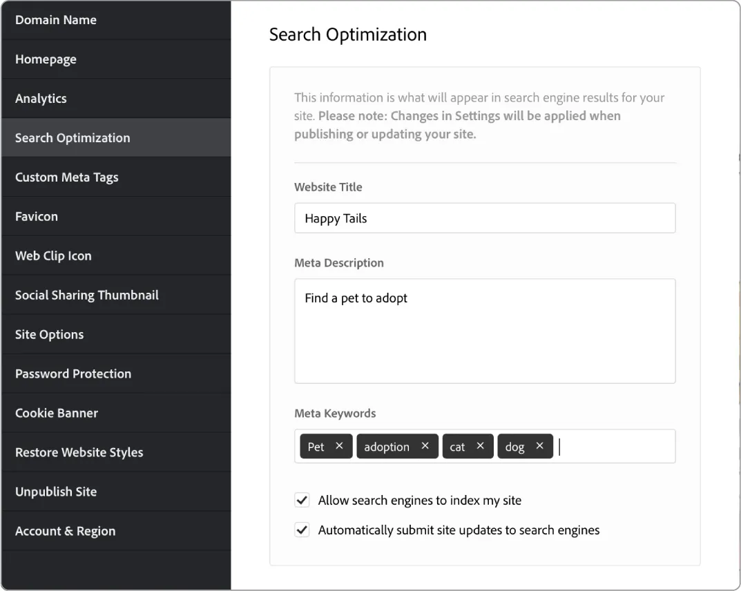 Search Optimization pane displays Website Title and Meta Descriptions. Meta Keywords are displayed. Allow search engines to index my site and Automatically submit site updates to search engines are selected.