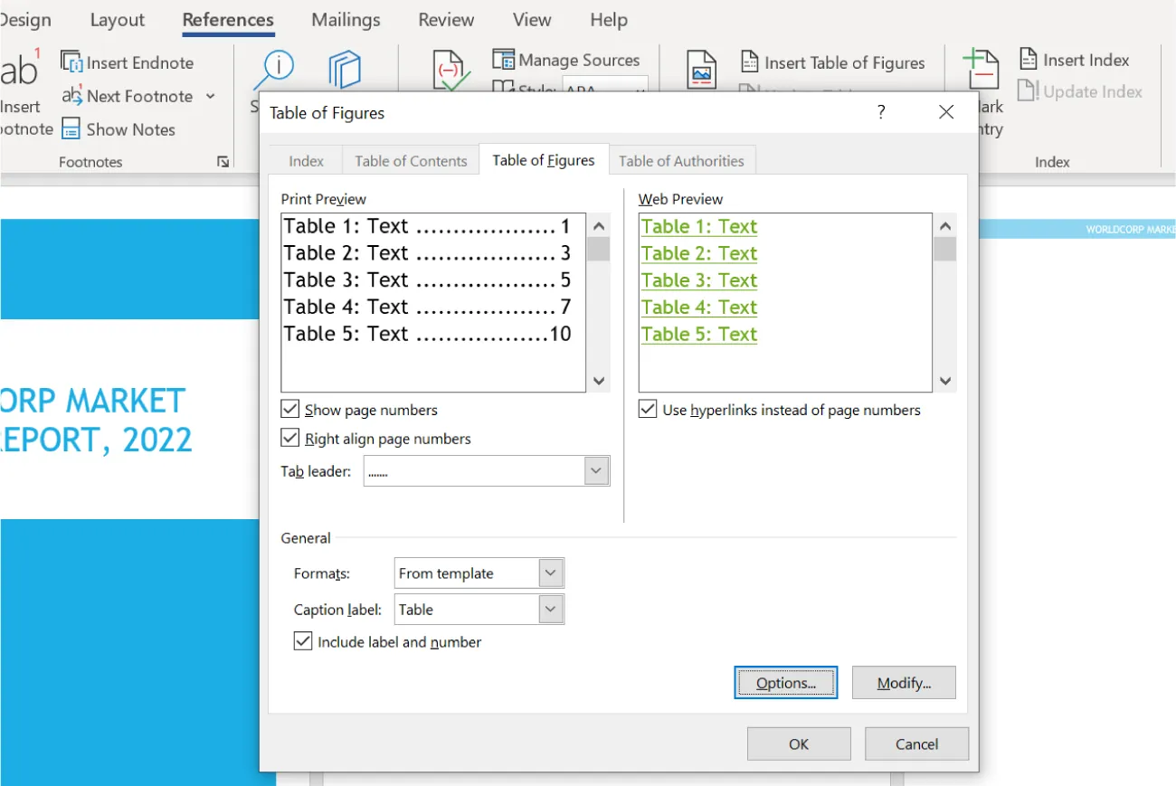 Table of Figures pane opens to a Table of Figures tab with options for Print Preview, Web Preview, Show and Right align page numbers, Tab leader, and Format and Caption label.