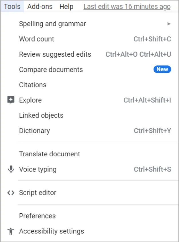 Google Workspace Tools tab offers these options: Spelling and grammar, Word count, Review suggested edits, Compare documents, Citations, Explore, Linked objects, Dictionary, Translate document, Voice typing, Script editor, Preferences, and Accessibility settings.