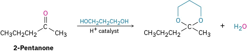 2-pentanone reacts with propane-1,3-diol and proton catalyst to form acetal, which is a six-membered ring containing two oxygens, both bonded to the original carbonyl carbon.