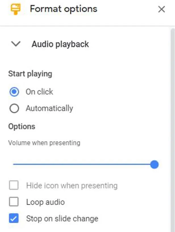 A close-up screenshot of the Format options for Audio playback is shown.
