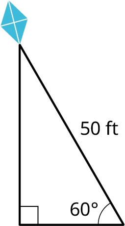 A right triangle. A kite is placed at the top of the triangle. The hypotenuse measures 50 feet. The angle made by the hypotenuse and the horizontal leg measures 60 degrees.