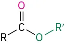 The structure of ester in which an R group and an O R prime group are bonded to the carbonyl group on the left and right sides, respectively.
