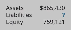 Assets $865,430; Liabilities ?; Equity 759,121.