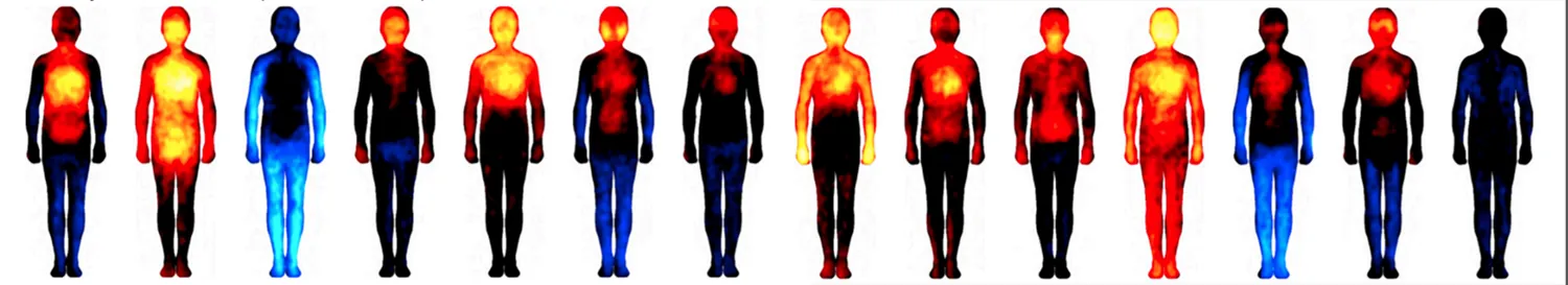 Body outlines with color coding to reveal blood flow concentrations in different regions, categorized according to emotion.
