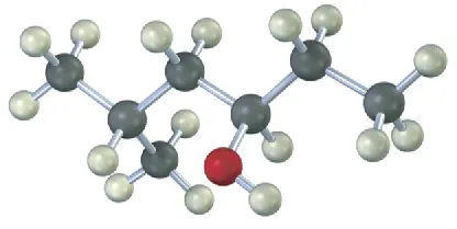 A ball-and-stick model of six-carbon chain with hydroxyl on C 3 and methyl on C 5 position.