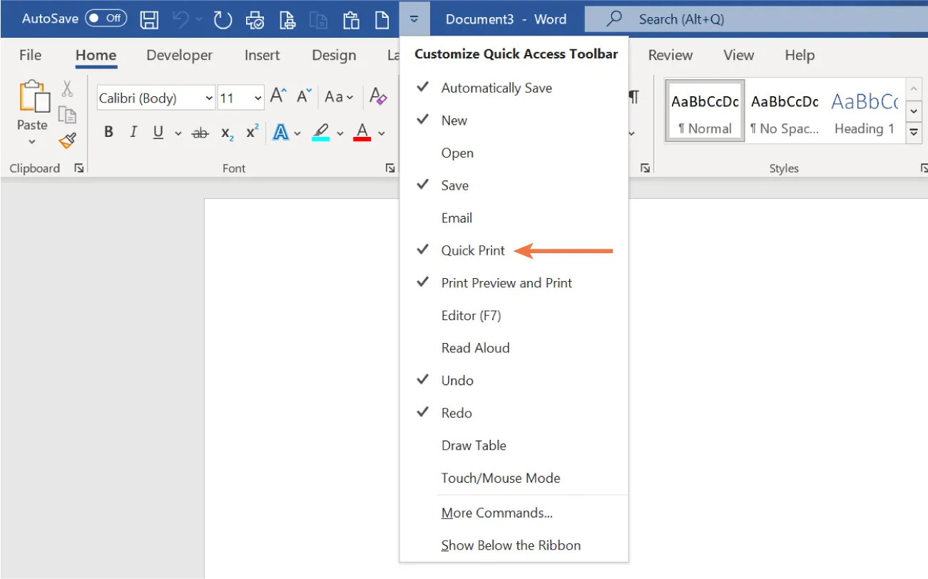 Quick Print is being selected from the Customize Quick Access Toolbar drop-down located above the ribbon.