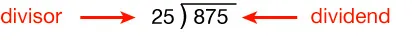 Long division setup: 875 is under the division bar labeled as dividend, and 25 is outside the division bar labeled as divisor, both labels in red with arrows pointing to the numbers.