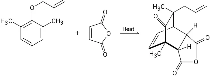 Two reactants, including a substituted benzene and maleic anhydride, undergo a heat-induced reaction to form a fused cyclohexene-cyclopentane compound with distinct molecular arrangements.