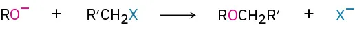An alkoxide ion reacts with an alkyl halide (R dash C H 2 X) to yield an ether (R O C H 2 R dash) and a halide ion.