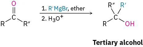 Ketone R C O R double prime reacts with R prime M g B r, ether, then hydronium to form tertiary alcohol with R, R prime, and R double prime.