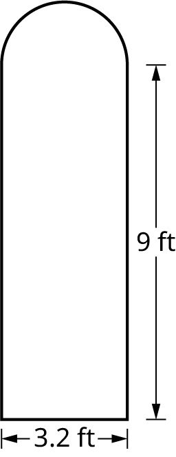 A figure shows a semicircle placed on top of a rectangle. The length and width of the rectangle measure 9 feet and 3.2 feet. The diameter of the circle measures 3.2 feet.