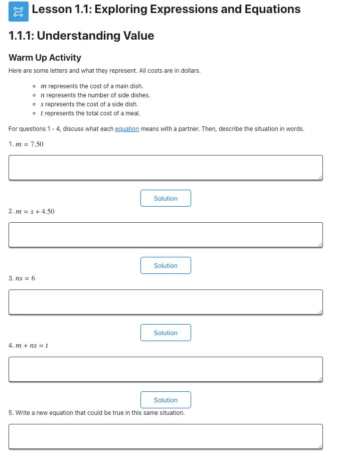 A screenshot from the curriculum showing a student activity with a list of questions that grow in cognitive demand.