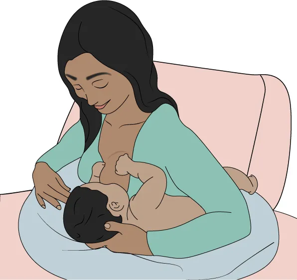 Image of mother nursing infant in the football position on a nursing pillow.