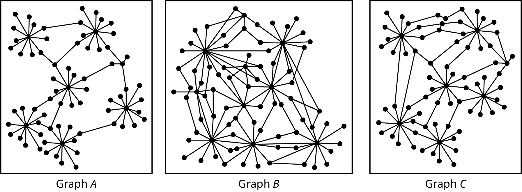 Three graphs, graph A, graph B, and graph C represent models of neural networks. The graphs have n number of edges and vertices.