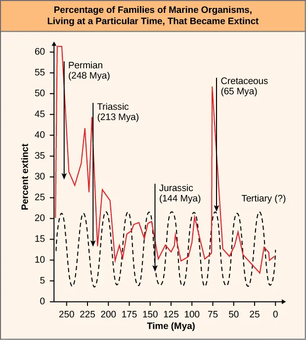 The figure shows a plot of the fraction, as a percentage, of families of marine organisms, living at a particular point in time that became extinct in the next geological era.