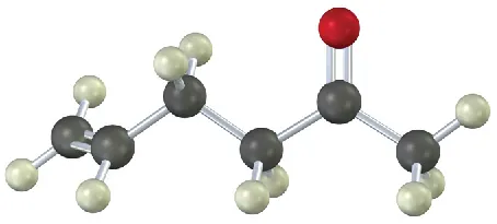 A ball and stick model of a C6 chain with a double bond and carbonyl.  Carbon, hydrogen, and oxygen are denoted using gray, white, and red spheres, respectively.