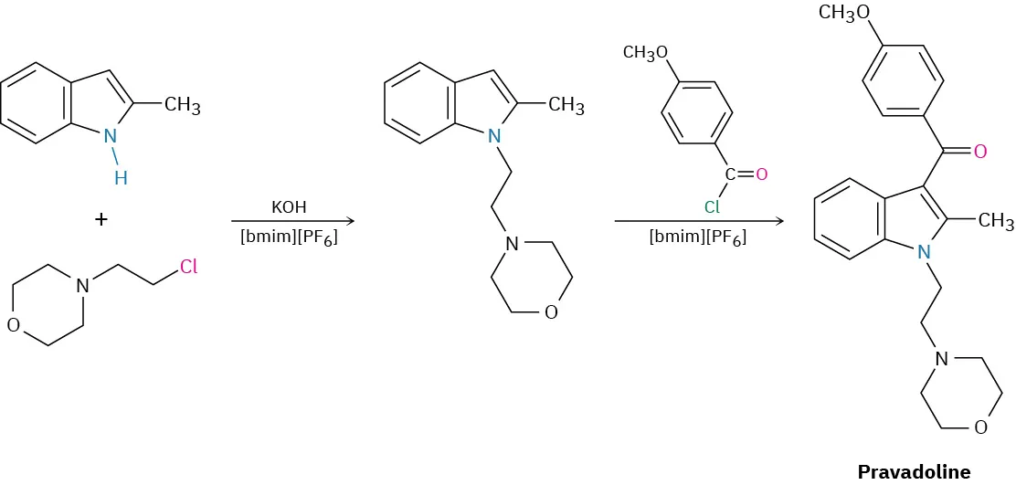 2-Methyl indole reacts with alkyl halide in presence of potassium hydroxide and [bmim][P F 6] to form an intermediate. This reacts with acid chloride and [bmim][P F 6] forming pravadoline.