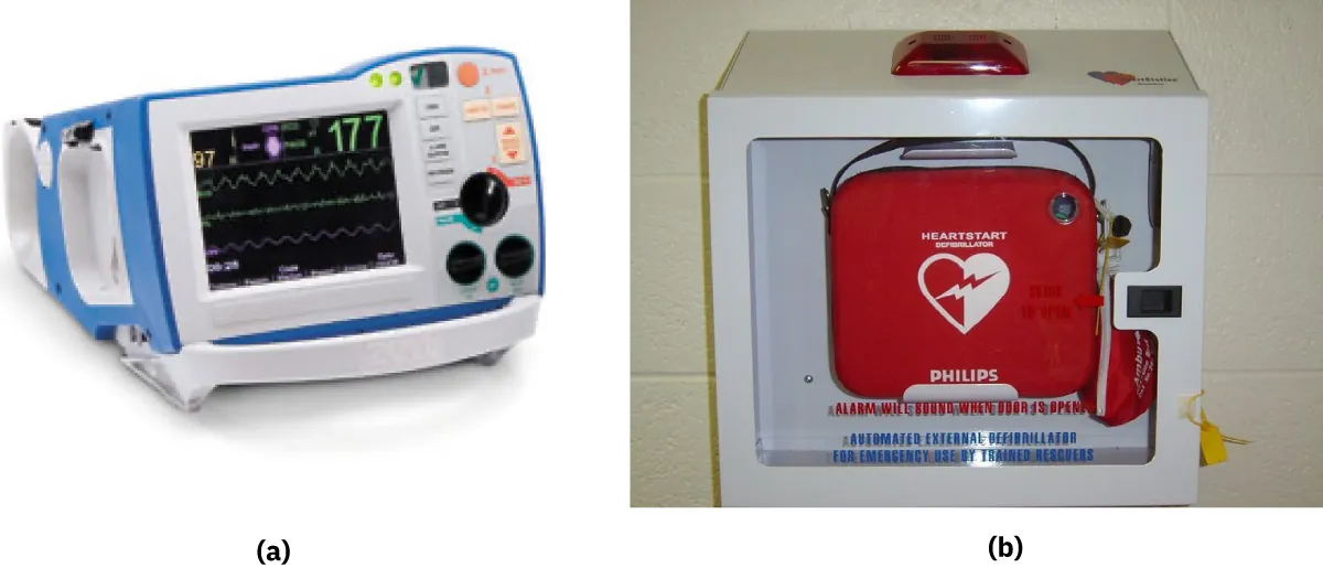 An image of a manual defibrillator on the left side, and an automated external defibrillator on the right side.