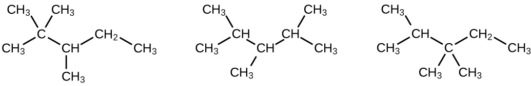 Three hydrocarbon molecular structures are shown. The first has C H subscript 3 bonded up and to the right to a C atom. The C atom is bonded down and to the right to C H. C H is bonded up and to the right to C H subscript 2. C H subscript 2 is bonded down and to the right to C H subscript 3. The lone C atom is bonded to two C H subscript 3 groups. The C in the C H group is bonded to a C H subscript 3 group. The second structure shows C H subscript 3 bonded up and to the right to C H which is bonded down and to the right to C H. C H is bonded up and to the right to another C H which is bonded down and to the right to C H subscript 3. The initial C atom is bonded to a C H subscript 3 group. The second C atom is bonded to a C H subscript 3 group. The third C atom is bonded to a C H subscript 3 group. The third structure shows C H subscript 3 bonded up and to the right to C H which is bonded down and to the right to C. C is bonded up and to the right to C H subscript 2 which is bonded down and to the right to C H subscript 3. The second C atom is bonded to a C H subscript 3 group. The third C atom is bonded to two C H subscript 3 groups.